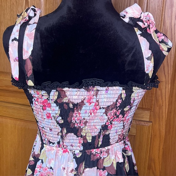 Lulus Wowing Wonder Black Floral Jacquard Smocked Tie-Strap Tiered Midi Dress - Picture 14 of 16